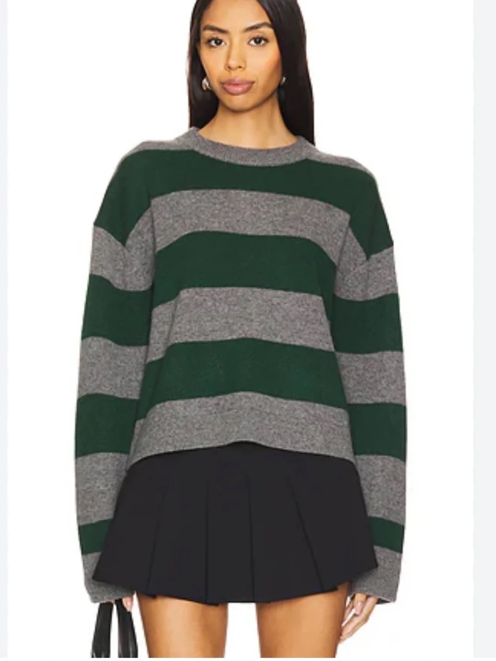 100% Cashmere White + Warren Emerald Green Gray Striped Crewneck Sweater sk10